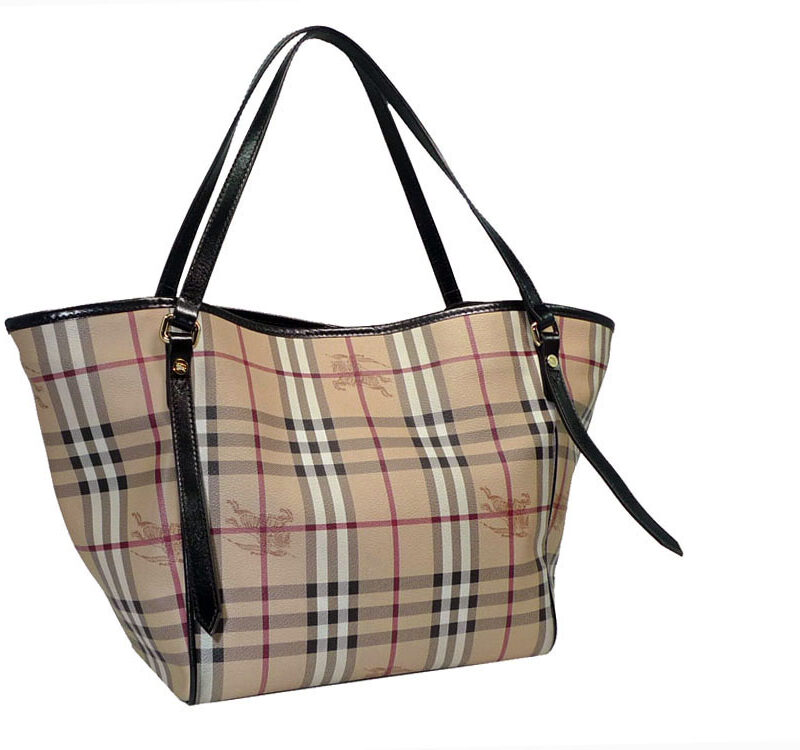Burberry Small Haymarket check Signature Horse Canvas with Black Patent Leather Trim Shopping -0