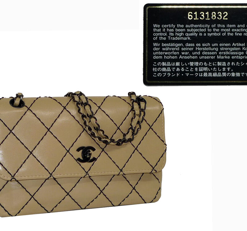 Chanel 6131832 Beige Calf Vintage Flap with Black Diamond Stitching Black HW-0