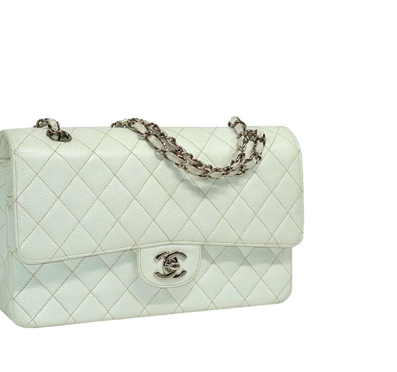 Chanel 6221472 White Caviar Stitching 10" Medium Classic Flap SHW-0