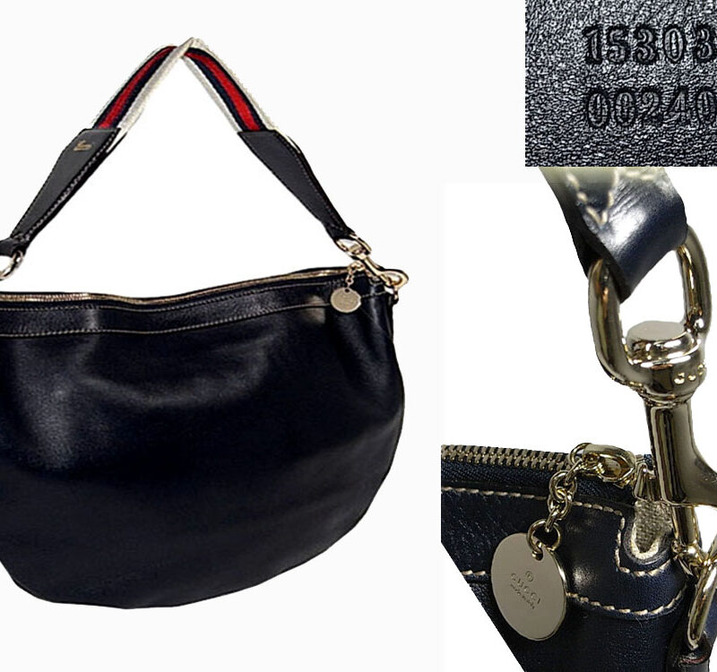 Gucci 153032 Navy Blue Leather Web Strap Hobo Small-0