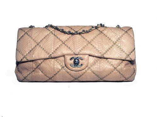 Chanel 15900952 Beige Python Single Classic Flap 2C Silver Hardware-0