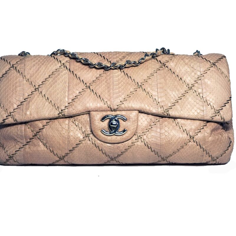 Chanel 15900952 Beige Python Single Classic Flap 2C Silver Hardware-0
