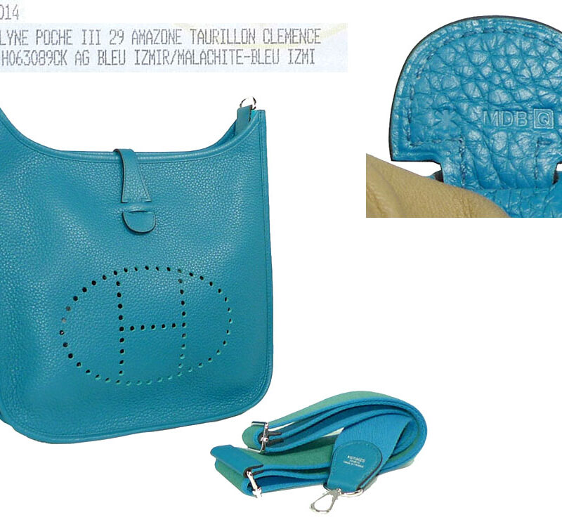 Hermes Evelyne 29 Amazona Clemence Bleu Izmir/ Malachite Q S-0