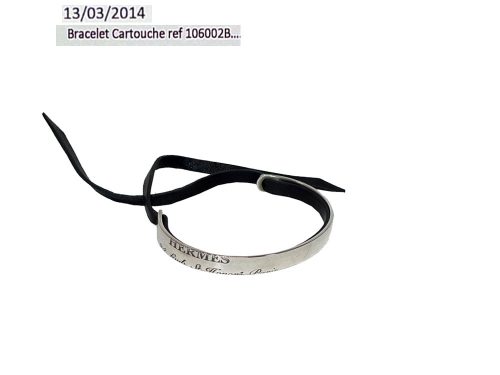 Hermes Cartouche Unisex Silver Bracelet With Black Calf Leather-0