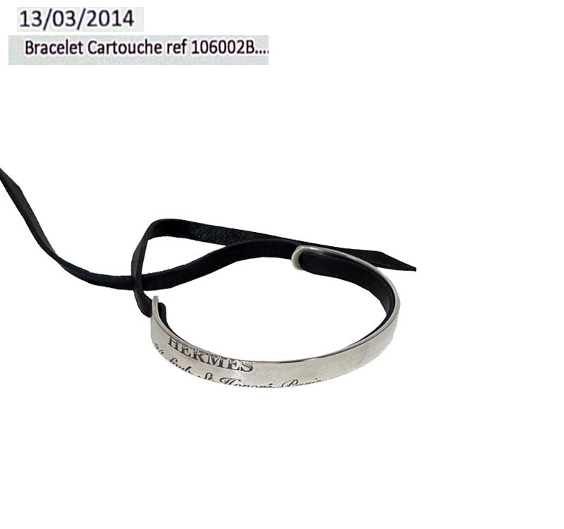 Hermes Cartouche Unisex Silver Bracelet With Black Calf Leather-0