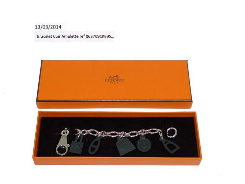 Hermes Silver Bracelet Cuir Amulette with 5 Black Leather Charms/ Bag Charm-0