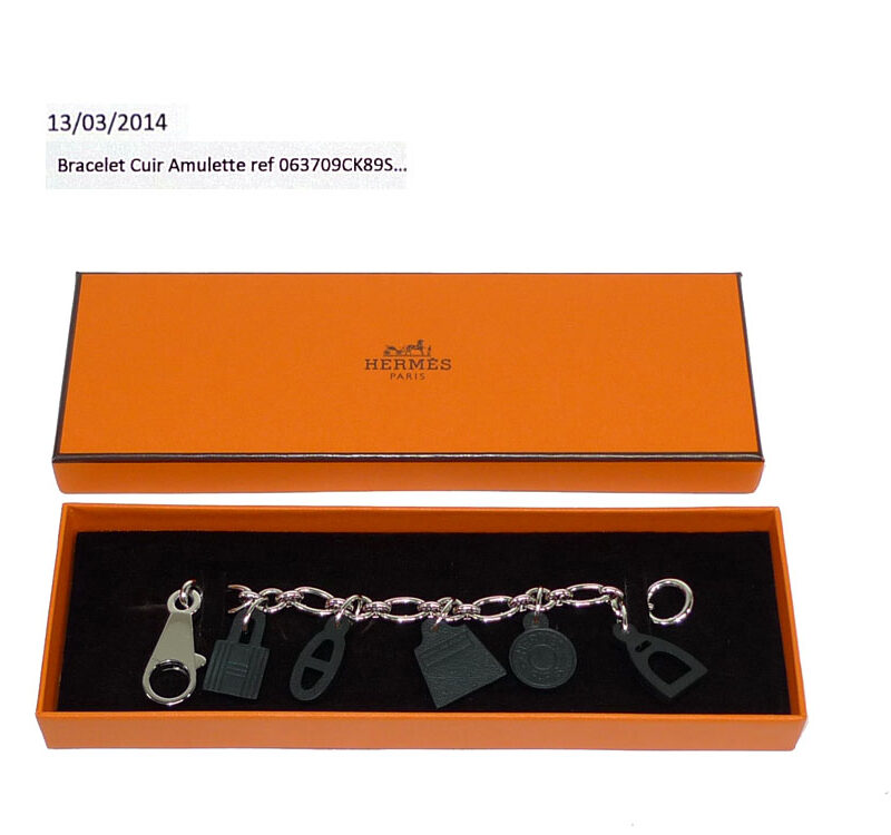 Hermes Silver Bracelet Cuir Amulette with 5 Black Leather Charms/ Bag Charm-0