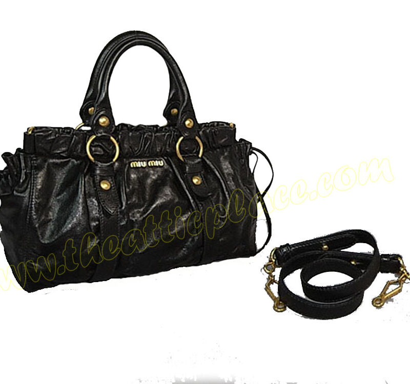 Miu Miu Black Leather Vitello Lux Small Tote Bag with Shoulder Strap-0