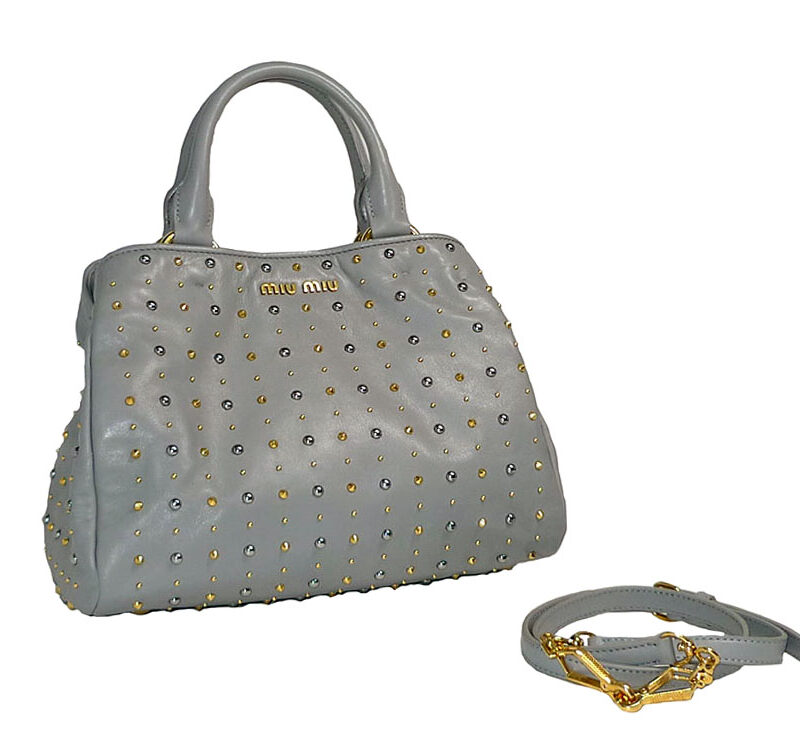 Miu Miu Blue Soft Calf w 2-Tones Studs Tote w Strap-0