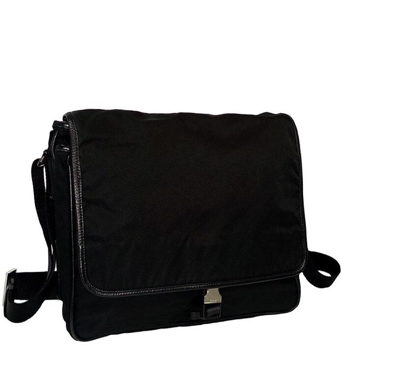 Prada V166 Black Nylon Flap Buckle Unisex Messenger Large-0