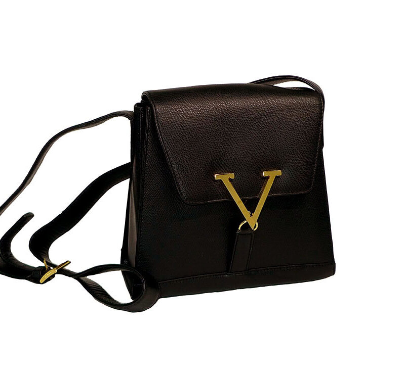 Valentino VL-C15 Black Calf w V Gold Buckle Messenger Bag-0