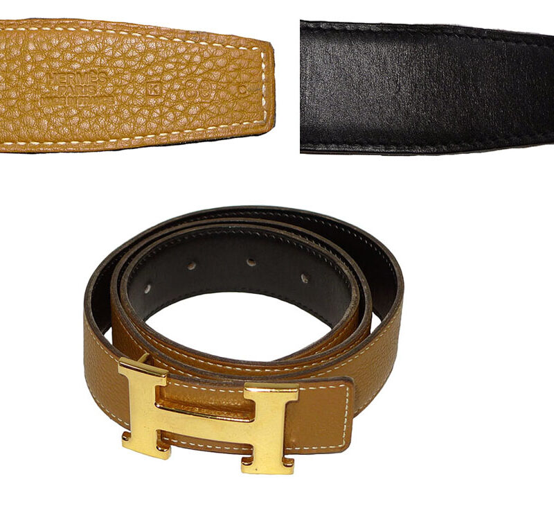 Hermes 80cm Gold/ Brown 32cm K Stamp w Gold H Buckle Belt for Unisex -0