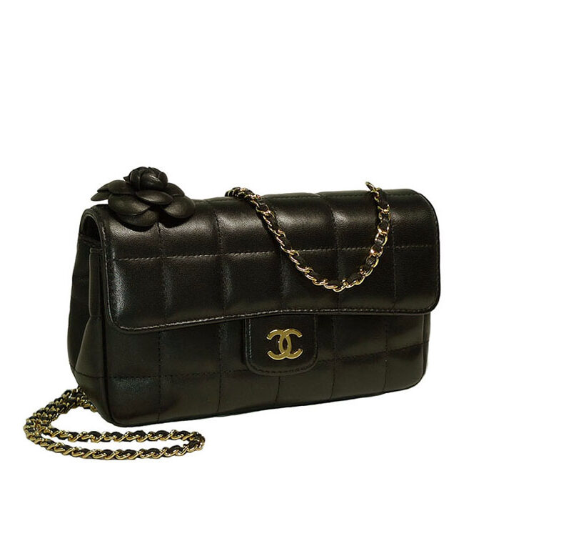 Chanel 13925895 Black Lambskin Chocolate Bar Camellia Flower Mini Flap Golden Hardware-0