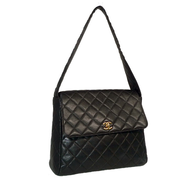 Chanel Black Vintage Caviar w Leather Strap in Large Size-0