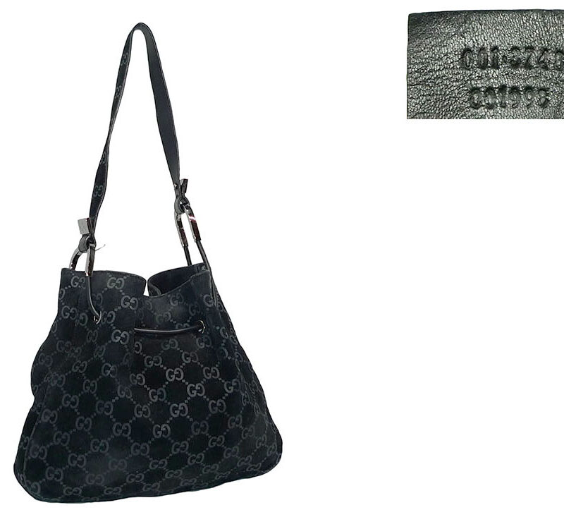 Gucci 001-3748 Black Suede Leather GG Small Hobo Drawstring Shoulder Bag Silver Hardware -0