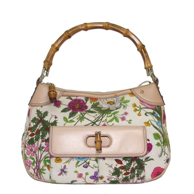 Gucci 137383 Floral Canvas Print Canvas w Bamboo Hobo Bag-0