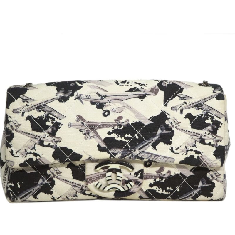 Chanel 10534362 Black and White Limited Fabric Classic Flap Bag-0