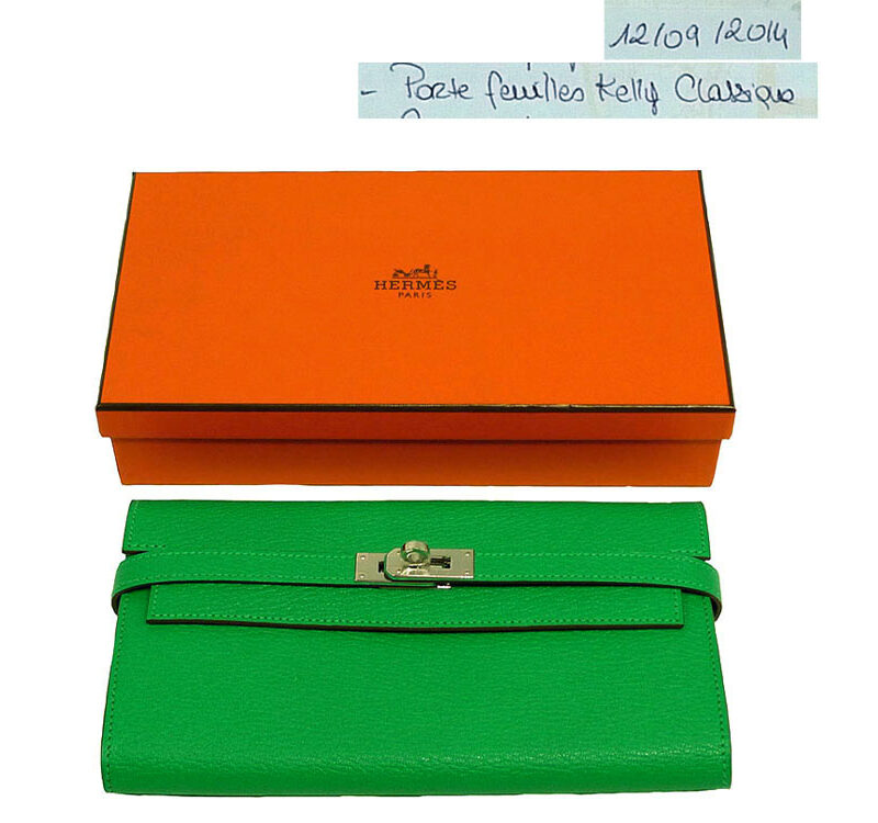 Hermes Mysore Goatskin Green Portefeuille R Stamp Kelly Wallet in Palladium Hardware-0