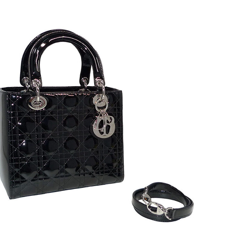 Dior Patent Black Lady Dior Silver Hardware Small w Shoulder Strap-0