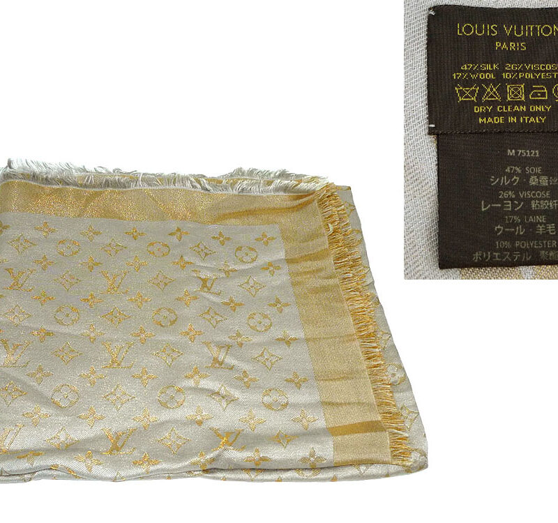 Louis Vuitton M71379 Monogram Shine Pearl Grey Silk Scarf / Shawl with Gold Trim-0