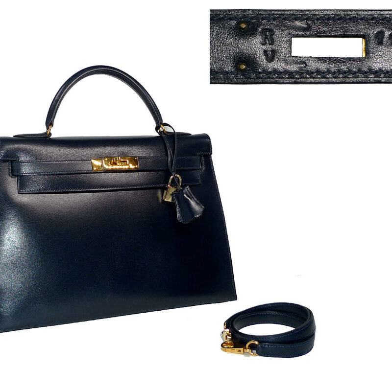 Hermes Vintage Kelly 32 R Stamp Indigo Blue Box Calf Leather in Gold Hardware-0