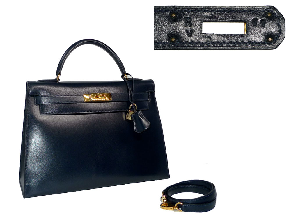 Hermes Vintage Kelly 32 R Stamp Indigo Blue Box Calf Leather in Gold Hardware-0
