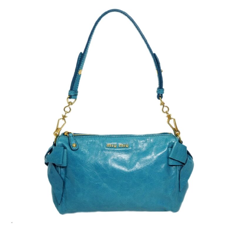 Miu Miu 5N1557 Azzurro Vitello Lux Ribbon Motif/ Bow Accessories Pouch-0
