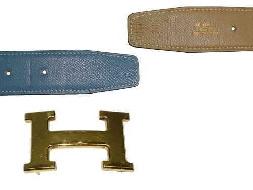 Hermes 32cm Gold/ Blue Jean w H gold Bucklet 78cm-0