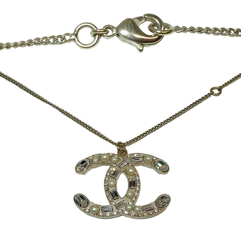 Chanel Gold Necklace w Crystal & Pearl Double C Pendant-0
