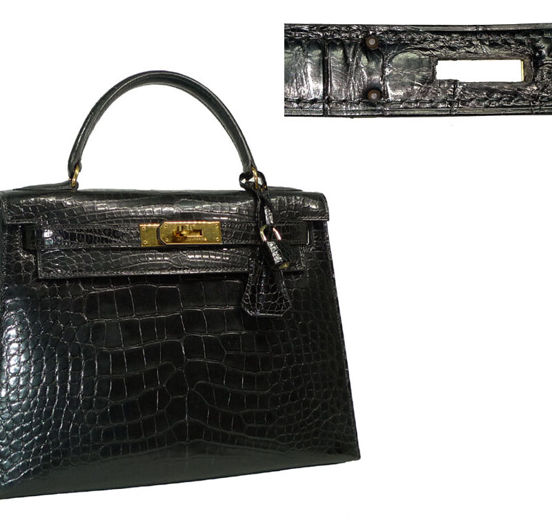 Hermes Vintage Kelly 28 U Circle Stamp Black Alligator Leather in Gold Hardware-0
