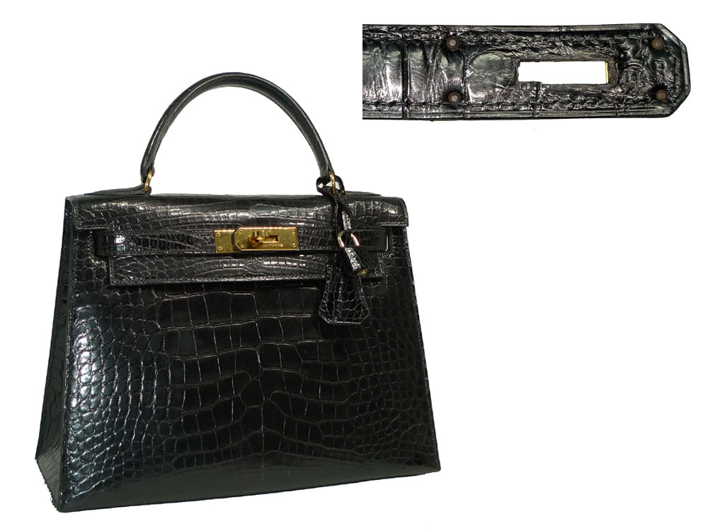 Hermes Vintage Kelly 28 U Circle Stamp Black Alligator Leather in Gold Hardware-0