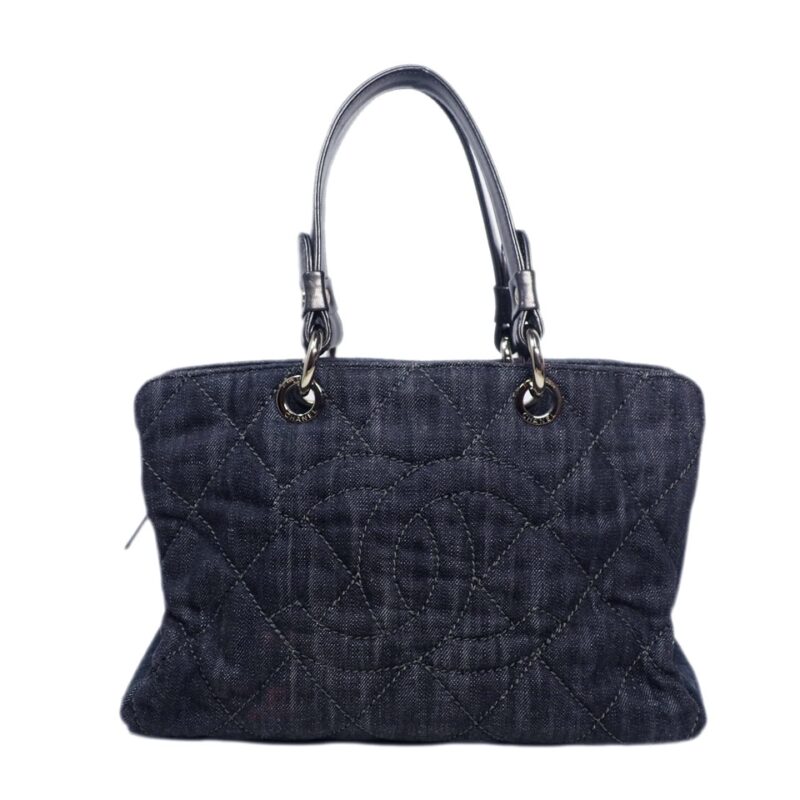 Chanel 12789935 CC logo Denim Blue Petite Shopping Tote-0