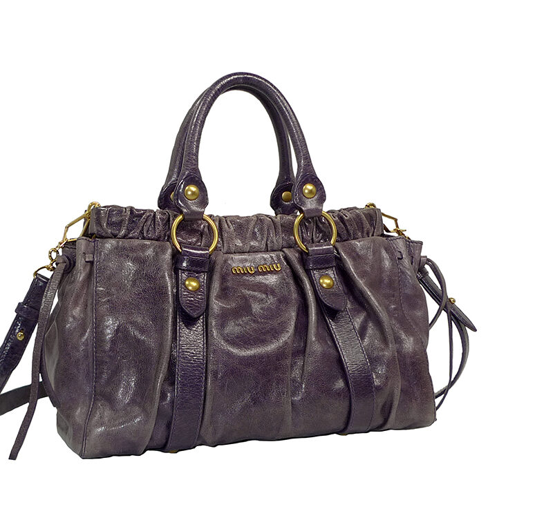 Miu Miu RT0383 Dumo Purple Washed Distressed Leather Vitello Lux Tote w Strap -0