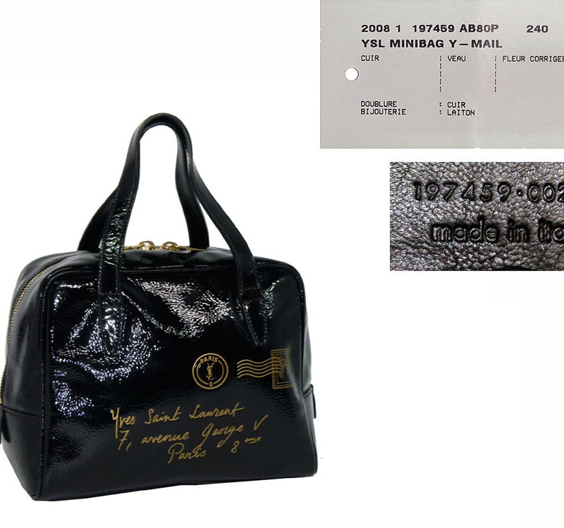 YSL 197459 Black Patent Mini Bag Y Mail with Envelope Stamp-0