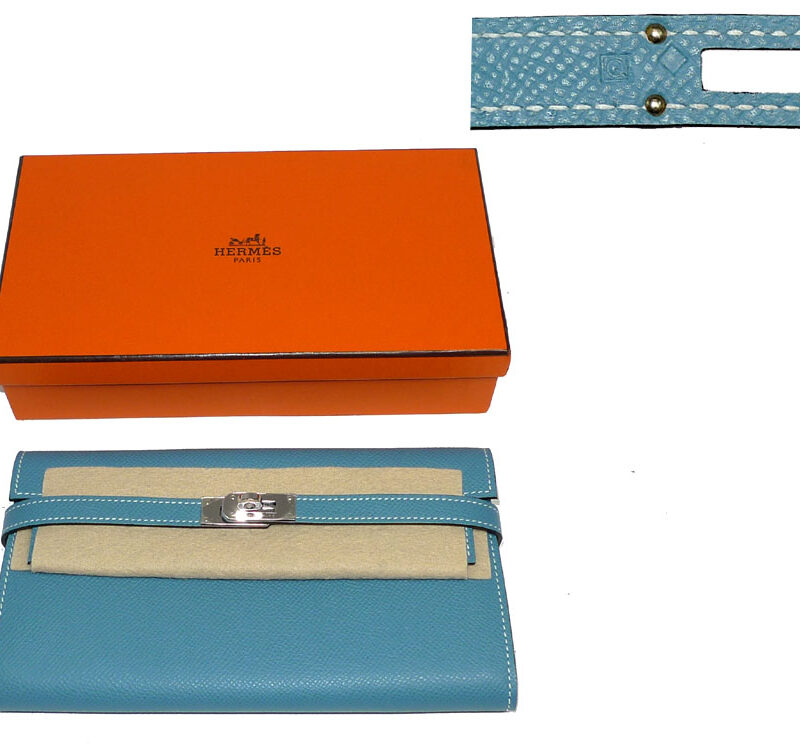 Hermes Q Stamp Blue Jean Kelly Wallet Palladium Hardware-0