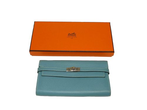 Hermes O Stamp Blue Lin Epsom Leather Kelly Wallet Palladium Hardware-0