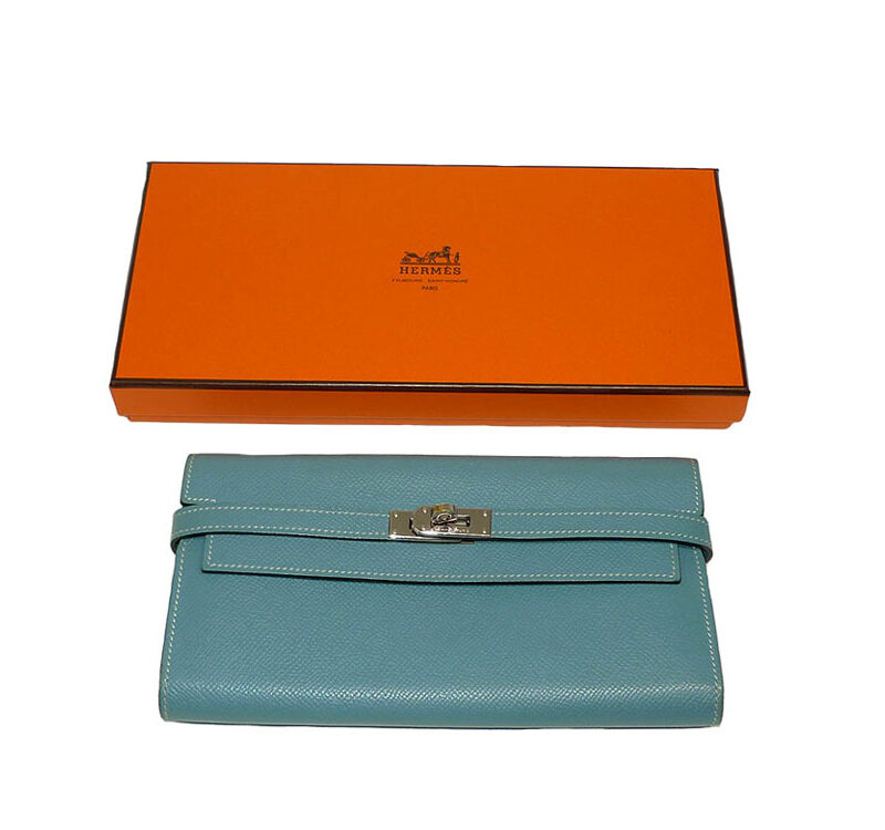 Hermes O Stamp Blue Lin Epsom Leather Kelly Wallet Palladium Hardware-0