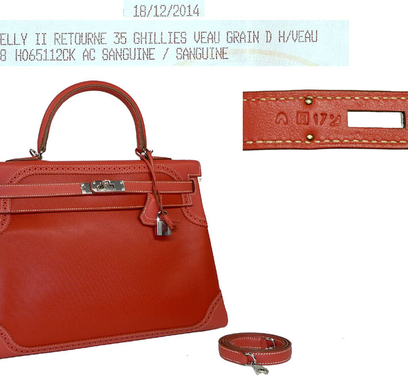 Hermes Kelly Ghillies 35cm R Stamp Veau Grain DH Sanguine Color Palladium Hardware-0