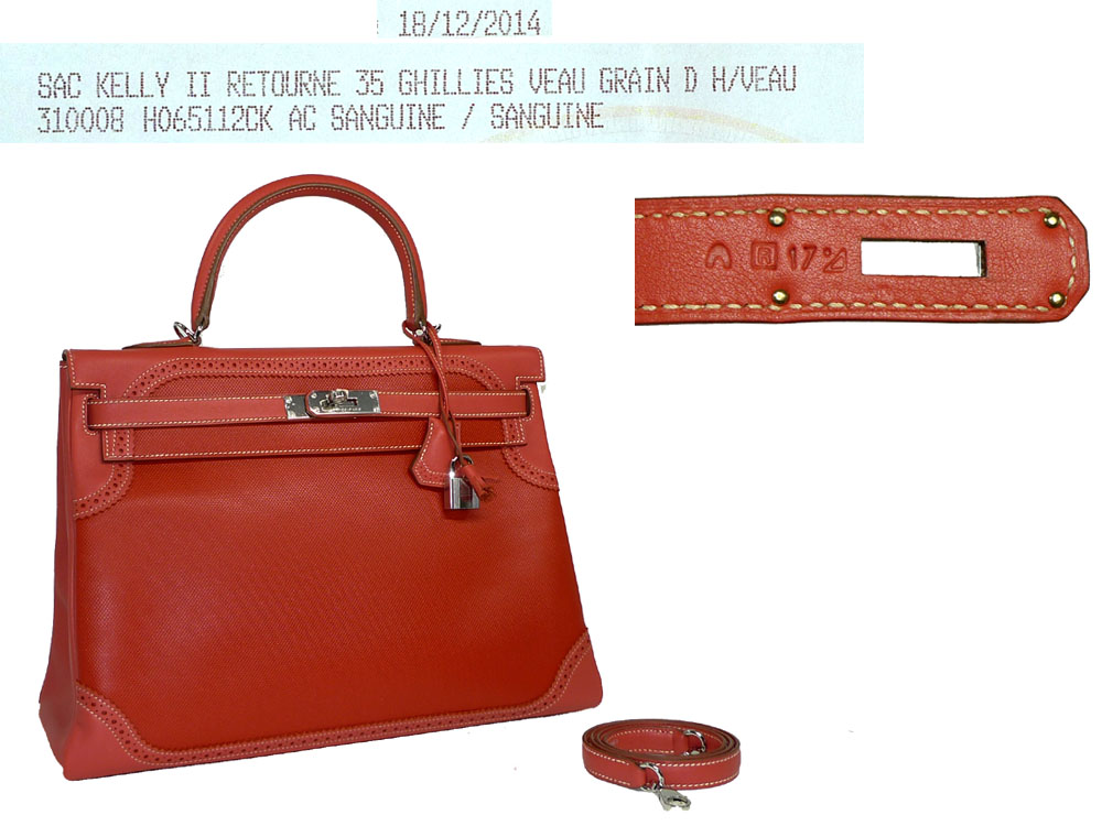 Hermes Kelly Ghillies 35cm R Stamp Veau Grain DH Sanguine Color Palladium Hardware-0