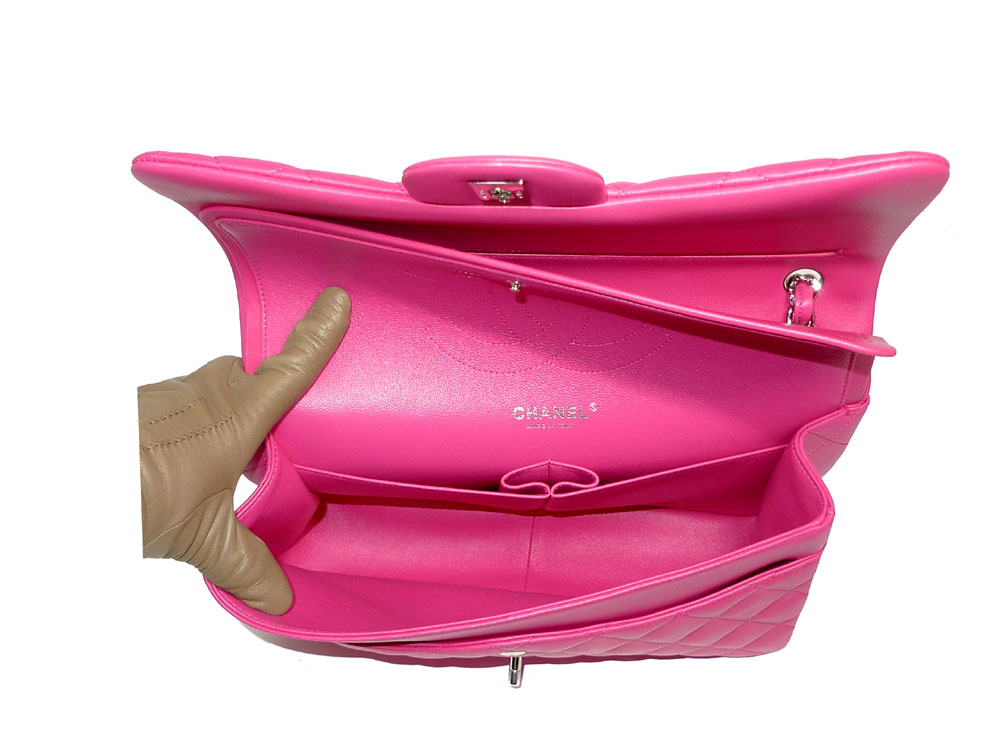 NEW !! Chanel 19617403 Fuschia Lambskin Jumbo Double Flap with Silver Hardware-33745