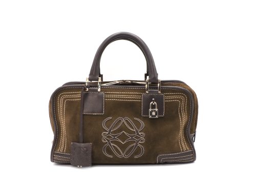 Loewe Khaki Brown Suede Amazona 28cm Stitch Logo Small Tote
