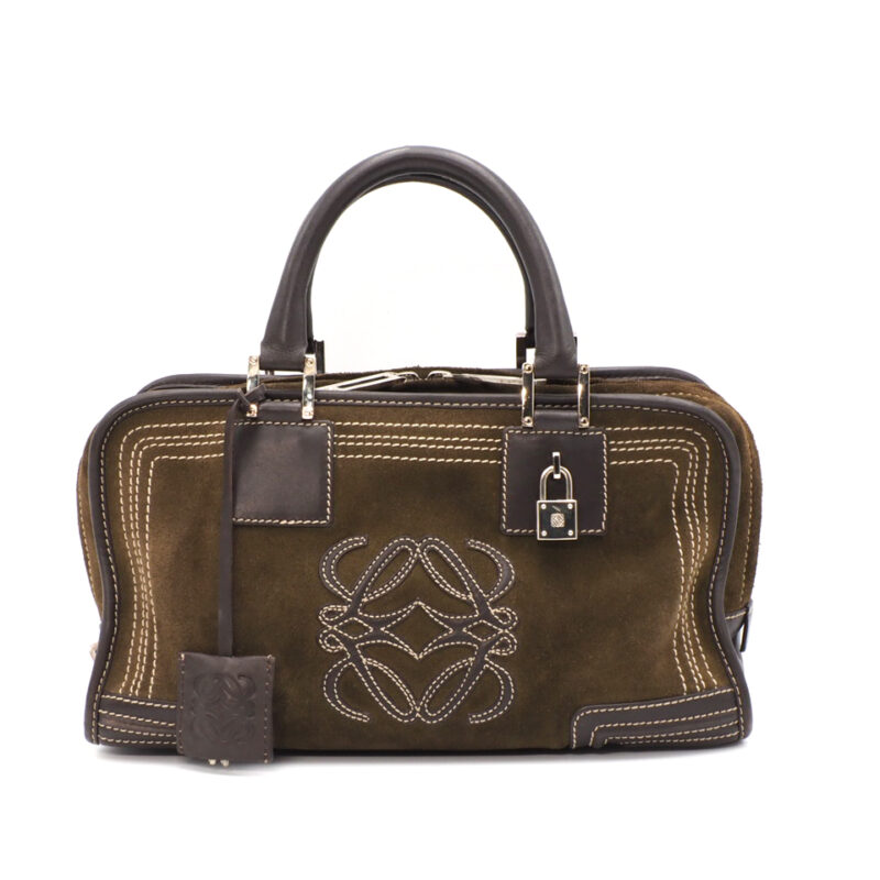 Loewe Khaki Brown Suede Amazona 28cm Stitch Logo Small Tote