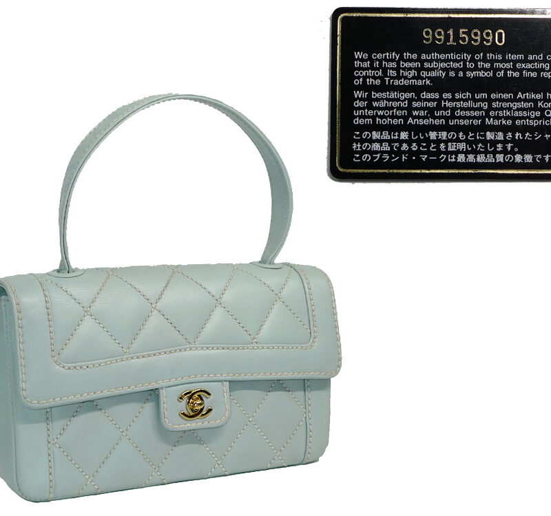 Chanel 9915990 Vintage Baby Blue Calf / White Stitching Medium Flap Kelly Gold Hardware-0
