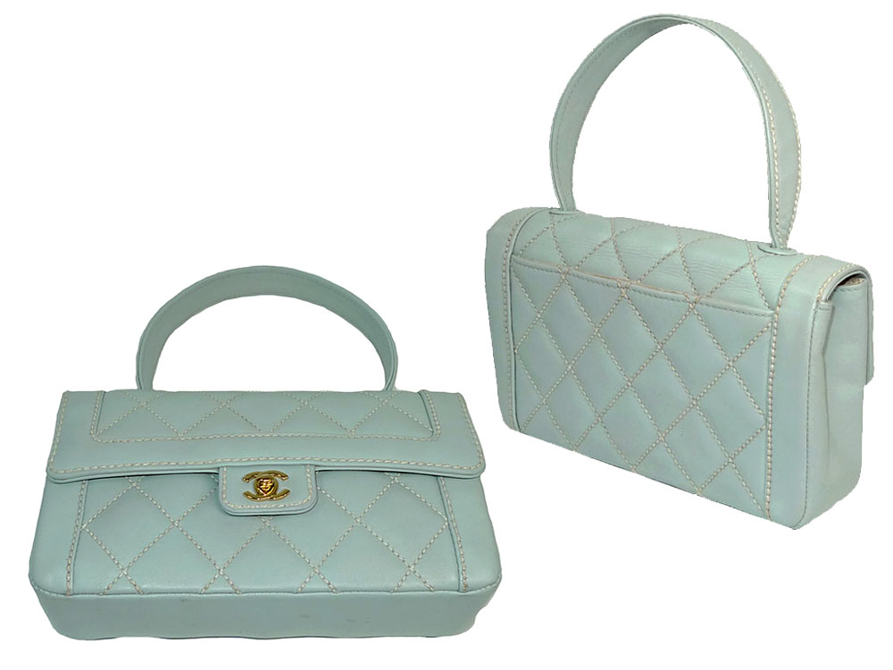 Chanel 9915990 Vintage Baby Blue Calf / White Stitching Medium Flap Kelly Gold Hardware-33989