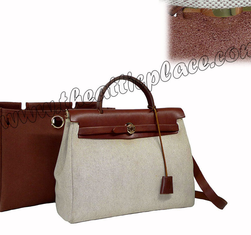 Hermes 2 in 1 Herbag 32cm E Stamp Calf w Brown/ Beige Canvas Gold Hardware-0