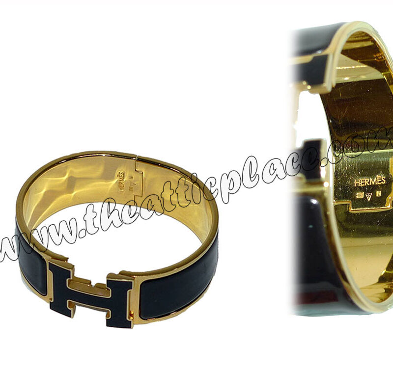 Hermes Black Clic H Wide Bracelet N Stamp Gold Hardware PM Size-0