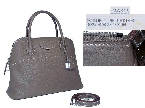 Hermes Etoupe T Stamp Bolide 31 Clemence Leather Tote with Strap-0