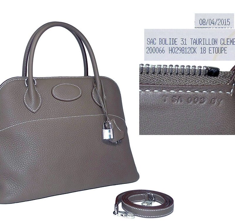 Hermes Etoupe T Stamp Bolide 31 Clemence Leather Tote with Strap-0