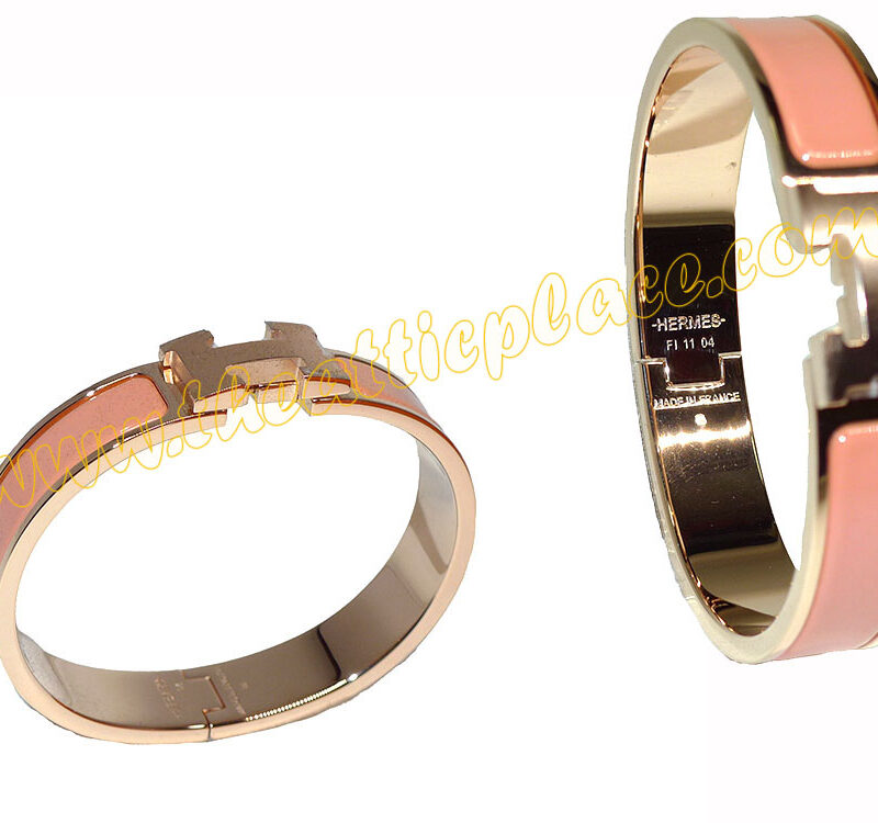 Hermes Clic H 0.5" Rose Gold Enamel Bracelet Salmon Pink in PM Size -0
