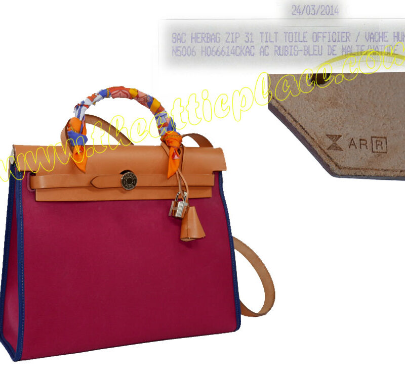Hermes Herbag Zip 31 Ruby/ Bleu De Malte with Natural Calf Leather R Stamp PHW-0